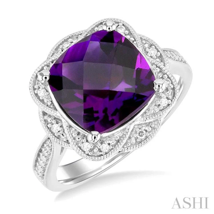 Women’s platinum engagement ring-1/20 ctw Cushion Shape 10X10 MM Amethyst and Round Cut Diamond Semi Precious Ring in Sterling Silver