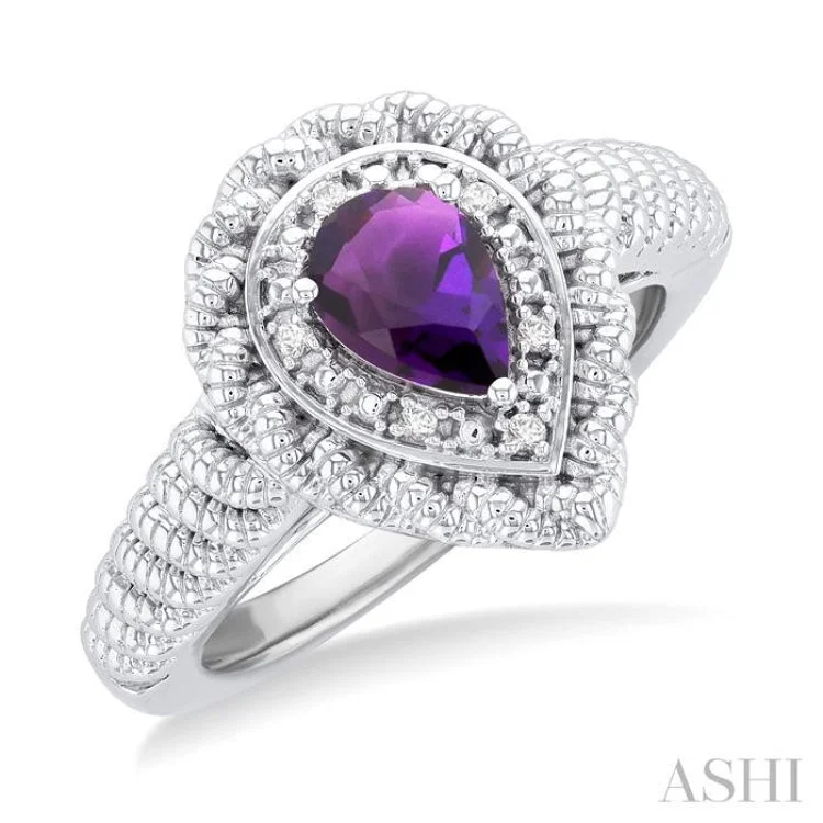 Women’s unique round cut engagement ring-1/20 ctw Pear Cut 7X5 MM Amethyst and Round Cut Diamond Semi Precious Ring in Sterling Silver