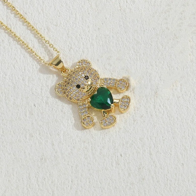 Bear Green Heart Zircon Necklace