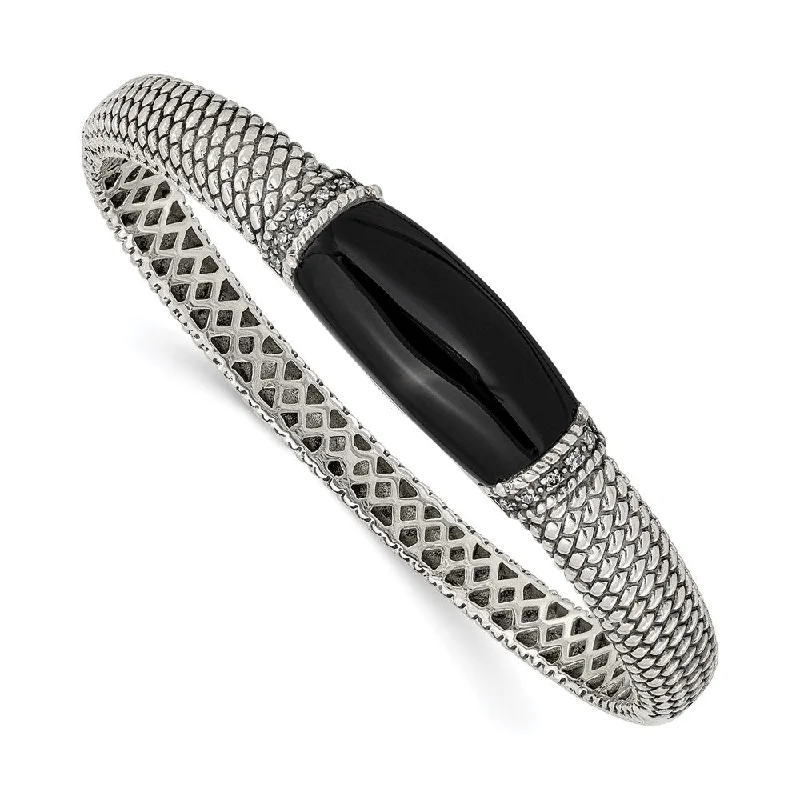 Women’s exclusive bracelet-Sterling Silver Onyx & 1/10ct. Diamond Bangle Bracelet-WBC-QTC111