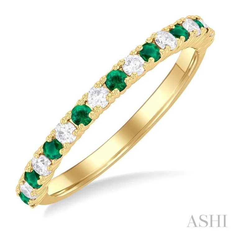 Women’s cushion-cut diamond engagement ring-1.80 MM Round Shape Emerald and 1/4 ctw  Round Cut Diamond Precious Stack Band in 10K Yellow Gold