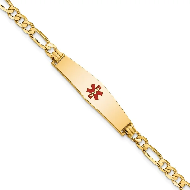 Women’s cuff bracelet-14k Yellow Gold 8.5mm Medical Soft Diamond Shape Red Enamel Flat Figaro Link ID Bracelet, 7"