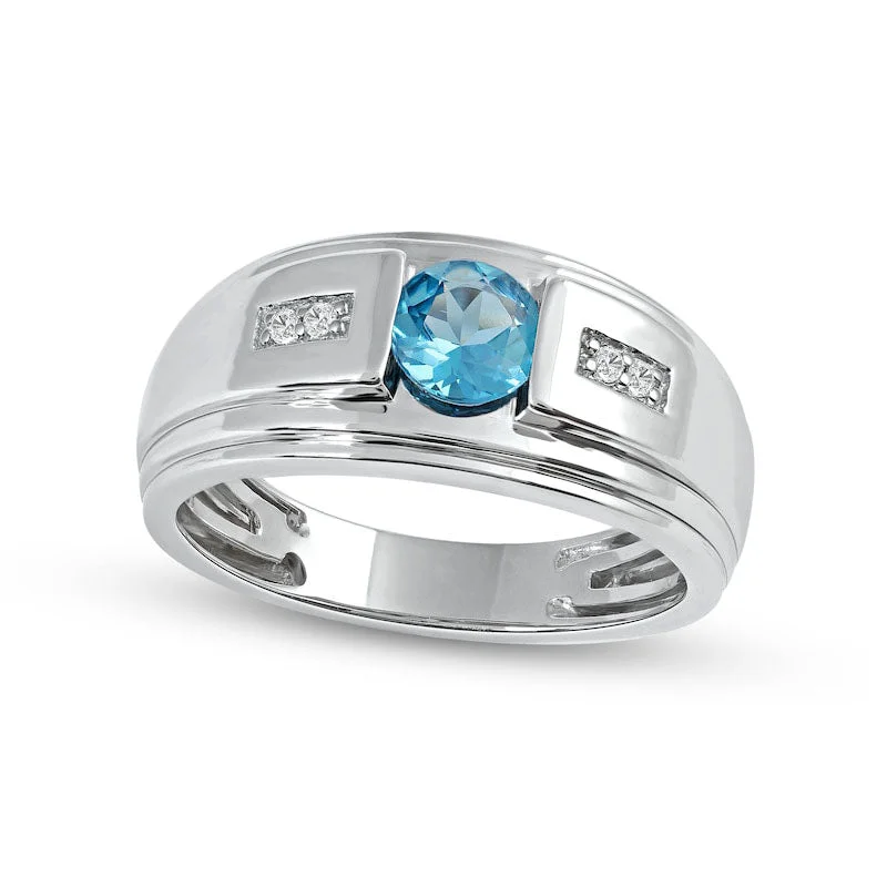 Women’s emerald engagement ring-Men's 6.0mm Swiss Blue Topaz and 0.05 CT. T.W. Natural Diamond Stepped Edge Ring in Sterling Silver