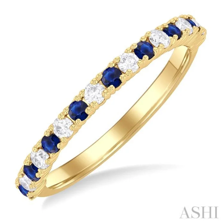 Women’s ethical engagement ring-1.80 MM Round Shape Sapphire and 1/4 ctw  Round Cut Diamond Precious Stack Band in 10K Yellow Gold