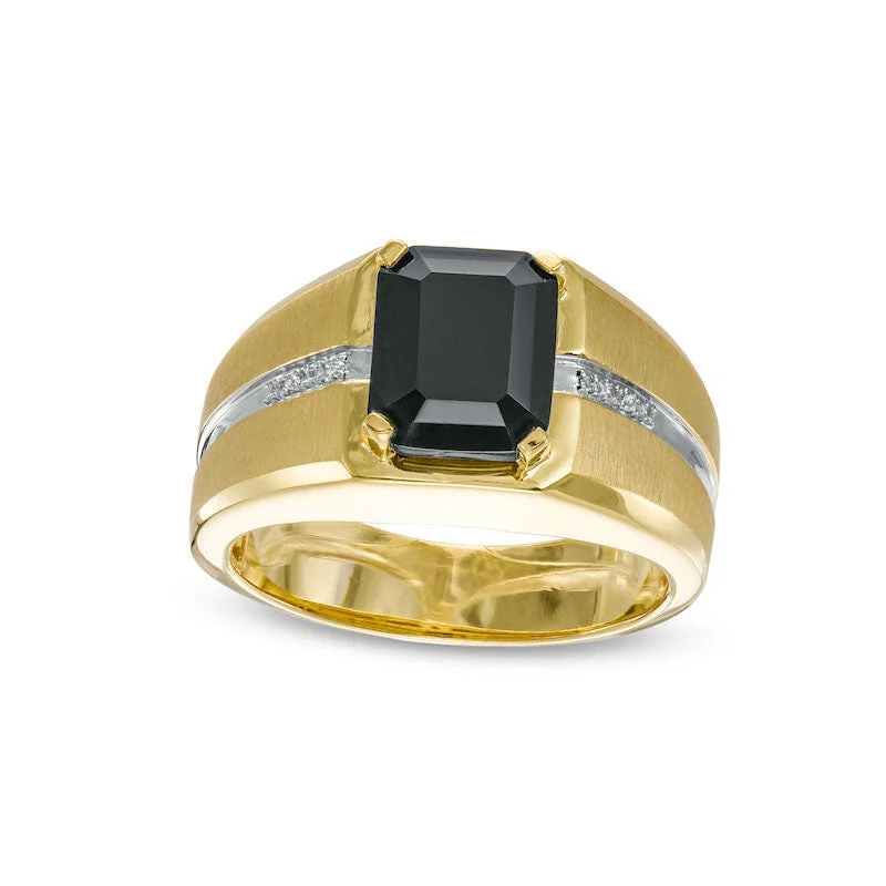 Women’s elegant engagement ring-Men's Cushion-Cut Onyx and Natural Diamond Accent Inlay Ring in Solid 10K Two-Tone Gold