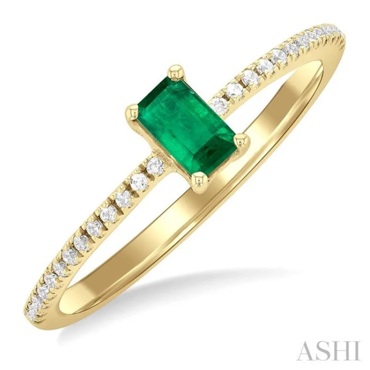 Women’s engagement ring with colored stones-5x3 MM Emerald Shape Emerald and 1/10 ctw Petite Round Cut Diamond Precious Fashion Ring in 10K Yellow Gold