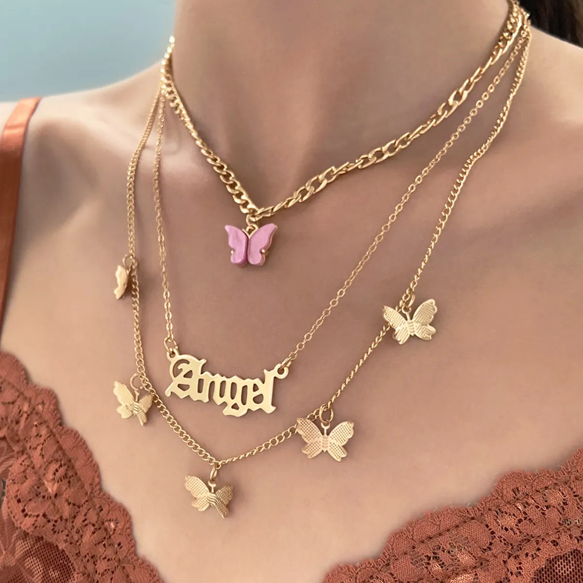 Women’s festive necklace-Wholesale Jewelry Casual Sweet Letter Butterfly Alloy 14k Gold Plated Layered Necklaces