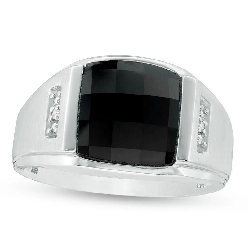 Women’s handcrafted engagement ring-Men's Rectangle Faceted Onyx and Natural Diamond Accent Multi-Finish Ring in Solid 10K White Gold