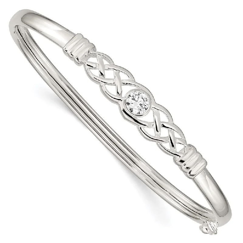 Women’s luxury diamond bangle-Sterling Silver CZ Braided Hinged Bangle Bracelet-WBC-QB947