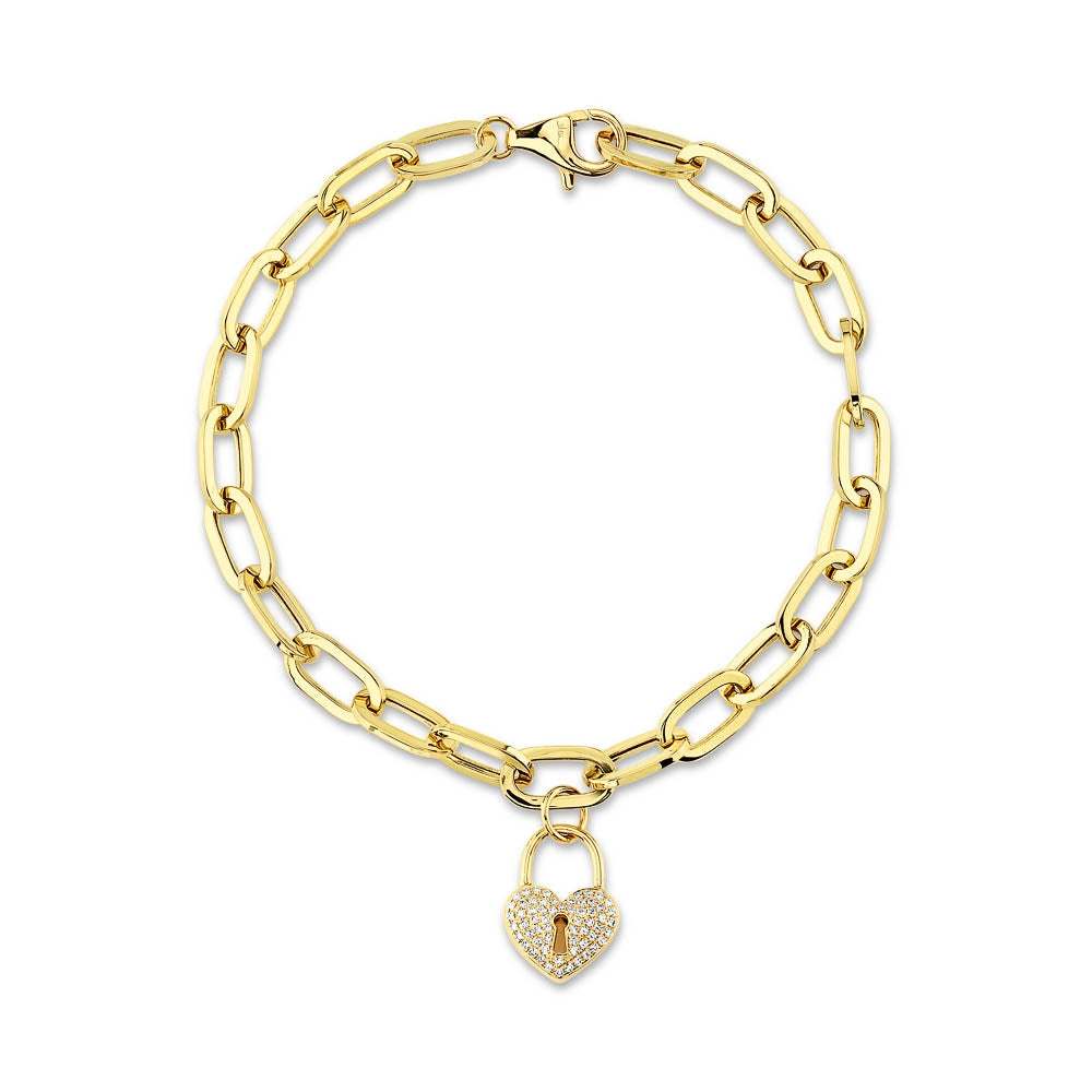 Women’s charm bracelet-14K Yellow Gold Pave Diamond Heart Lock Link Bracelet