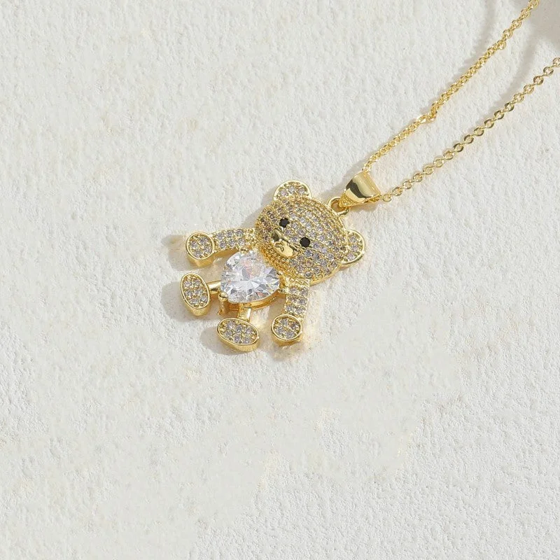 Bear White Loving Heart Zircon Necklace