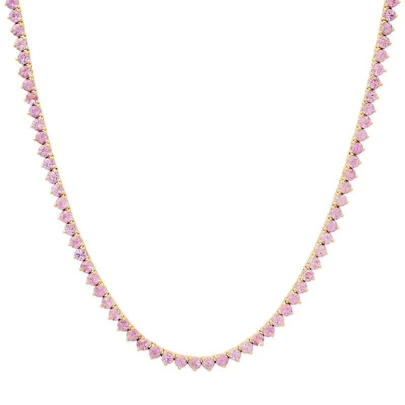 Women’s heart-shaped pendant necklace-Pretty Three Prong Pink Sapphire Tennis Necklace