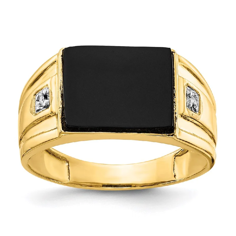 Women’s vintage-inspired engagement ring-10K Yellow Gold Men's Real Diamond and Black Onyx Signet Ring