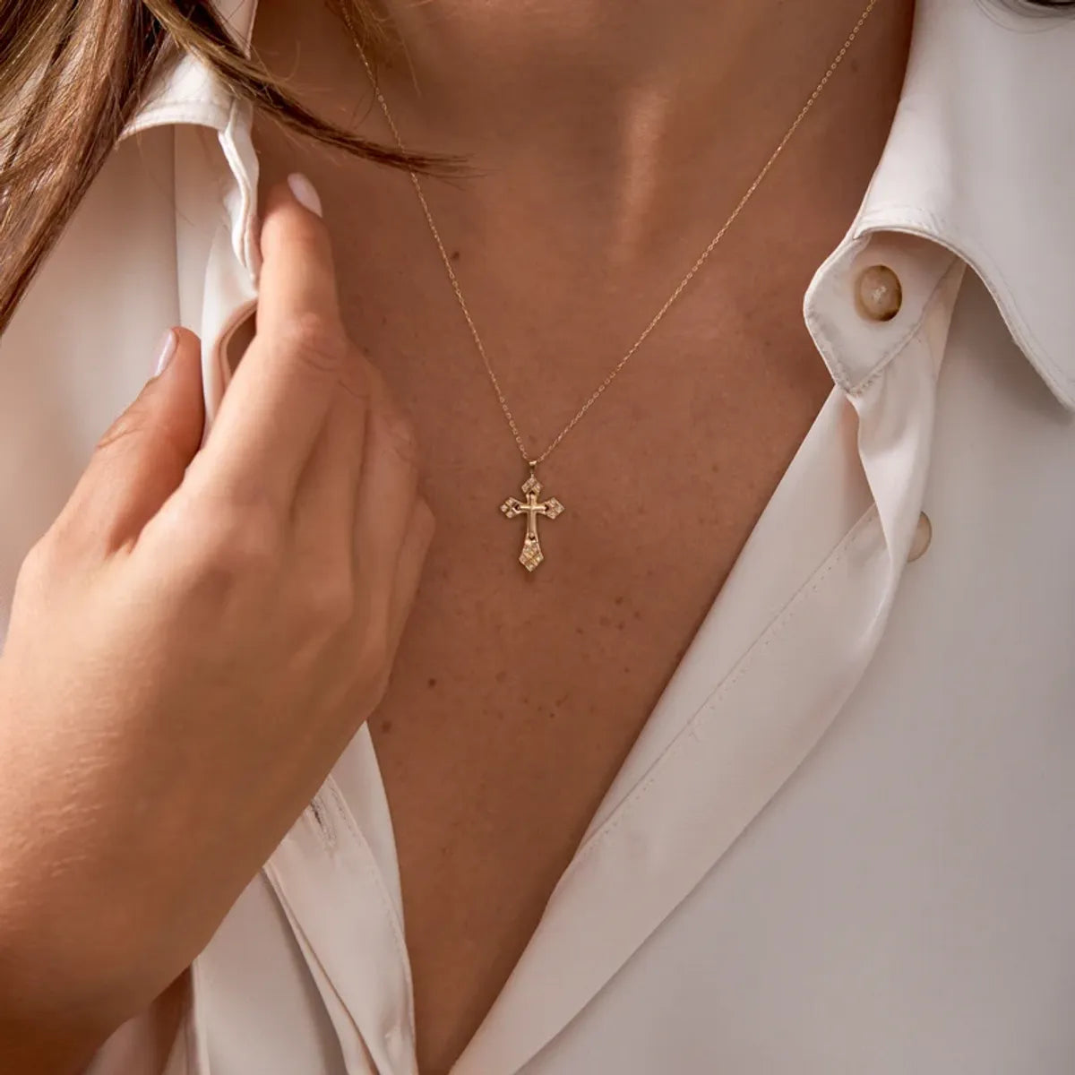 Women’s adjustable necklace-Copper Gold Plated Casual Simple Style Cross Inlay Zircon Pendant Necklace