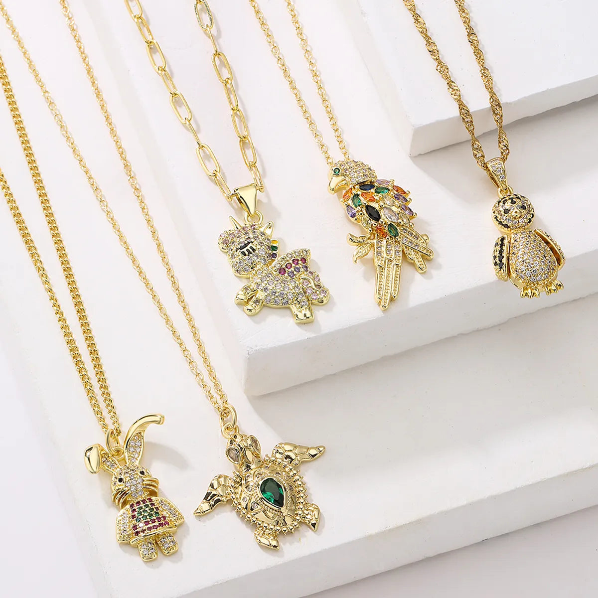 Women’s luxury diamond necklace-Fashion Tortoise Rabbit Bird Copper Gold Plated Zircon Pendant Necklace 1 Piece