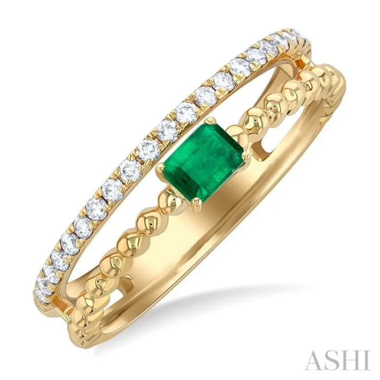 Women’s engagement ring with emerald side stones-4x3 MM Emerald and 1/5 ctw Single Cut Diamond Precious Split Twin Ring in 10K Yellow Gold