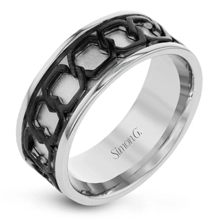 Women’s luxury sapphire engagement ring-Modern and sophisticated, this white gold wedding band features an elegant interlocking chain detail in black