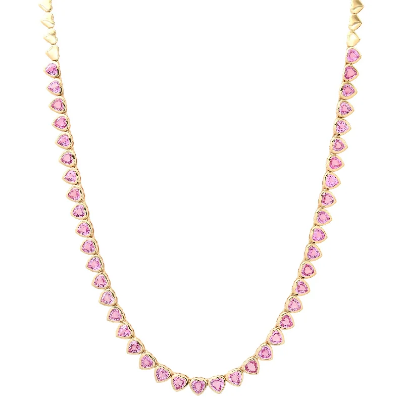 Women’s colored gemstone necklace-Cupid's Heart Bezel Set Pink Sapphire Tennis Necklace