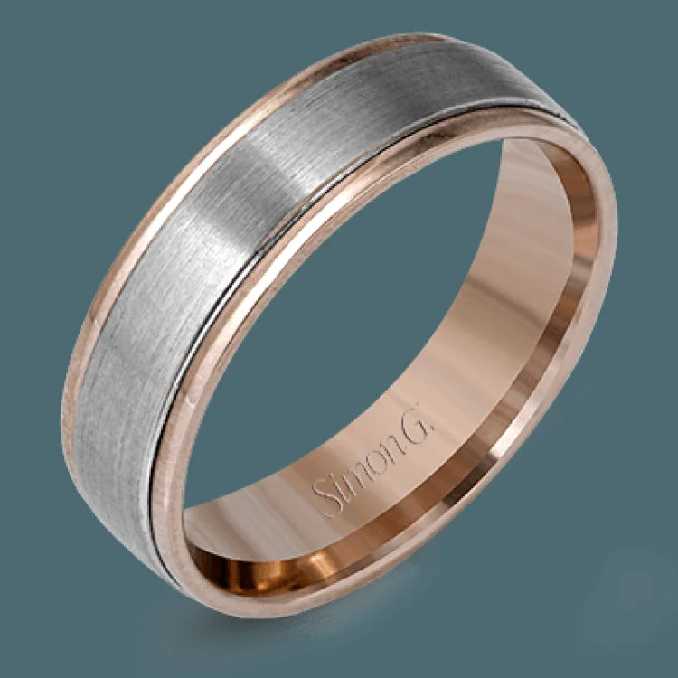 Women’s aquamarine engagement ring-A center of brushed platinum is encircled by twin ribbons of striking rose gold in this stunning men's contemporary two-tone wedding band.