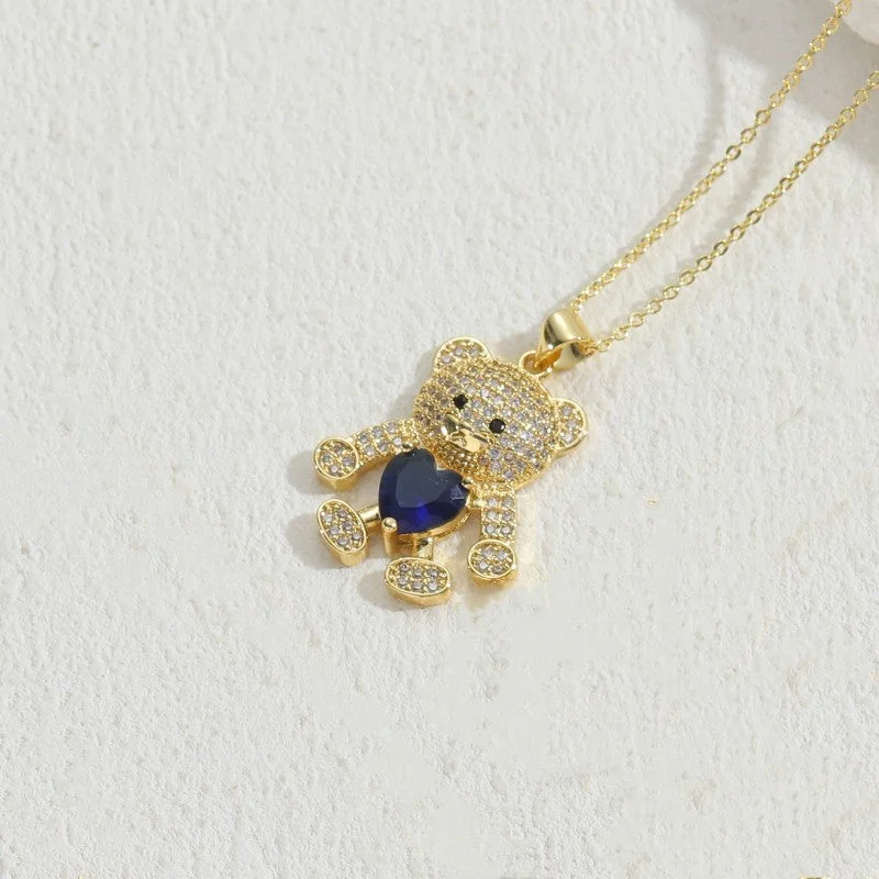 Little Bear Sapphire Blue Loving Heart Zircon Necklace