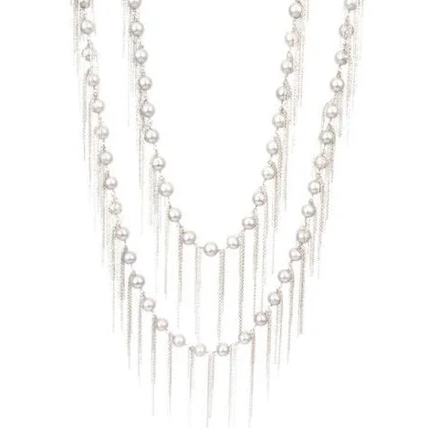 Women’s silver chain necklace-Fresh Water Pearl Chain Fringe Necklace