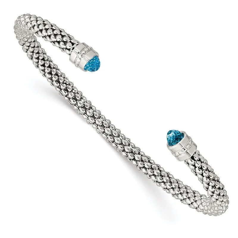 Women’s vintage-inspired bracelet-Sterling Silver Blue Topaz Beaded Cuff Textured Bracelet-WBC-QG4810