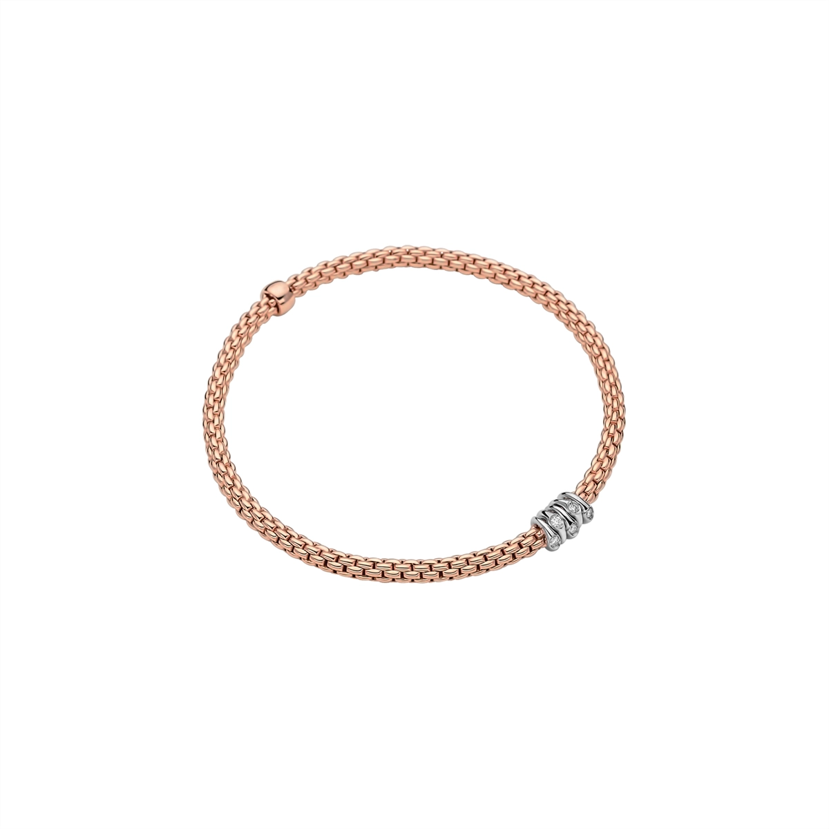 Women’s large bangle-Fope 18K Rose Gold Prima Collection Bracelet with White Gold Diamond Rondels, Large Size