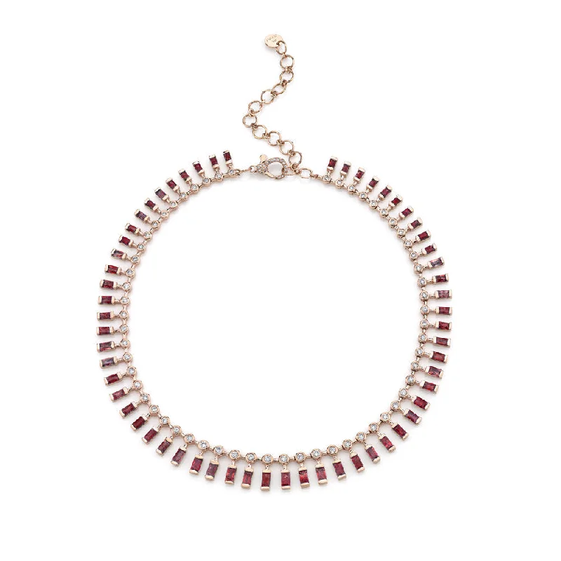 Women’s fashionable gold necklace-Ruby & Diamond Dot-Dash Choker Necklace