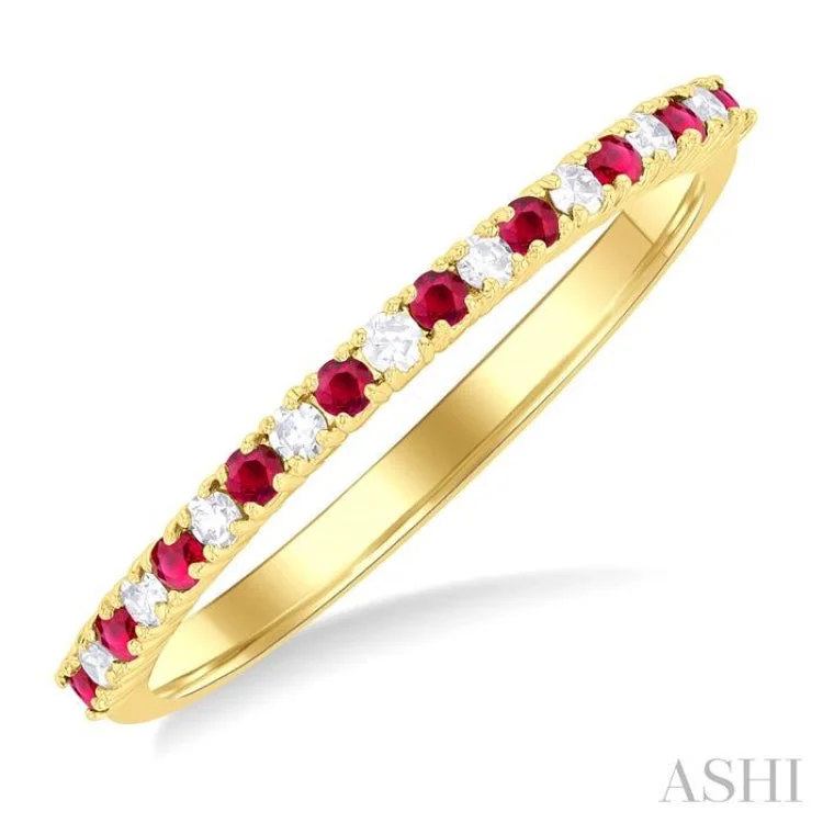 Women’s luxury diamond solitaire engagement ring-1.35 MM Round Shape Ruby and 1/10 ctw Petite Round Cut Diamond Precious Stack Band in 10K Yellow Gold