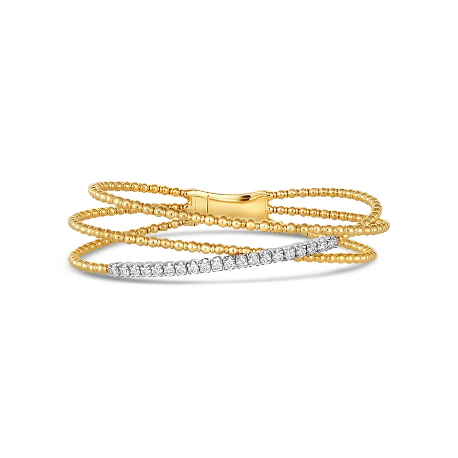 Women’s personalized bracelet-14K Yellow and White Gold Open Three Layer Beaded Crossover Diamond Bracelet