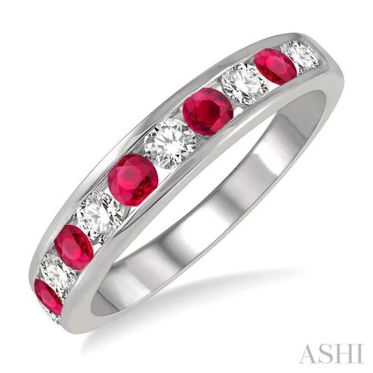 Women’s cushion-cut engagement ring-2.6 MM Ruby and 3/8 ctw Round Cut Diamond Precious Wedding Band in 14K White Gold