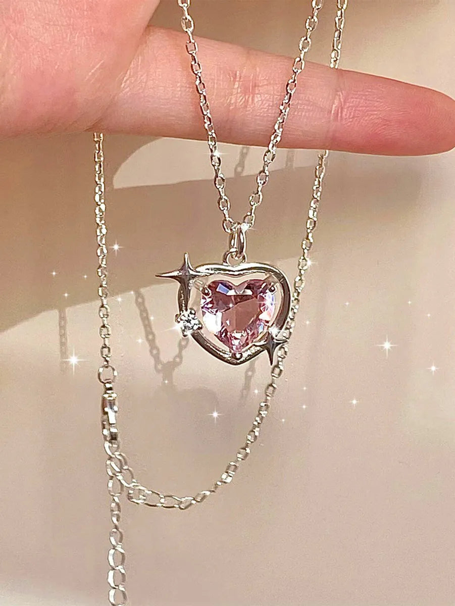 Women’s necklace set-Copper Cute Heart Shape Inlay Zircon Pendant Necklace