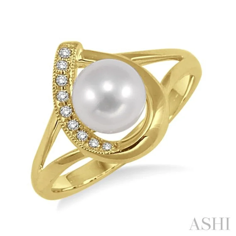 Women’s heirloom engagement ring-6.5 MM Round Shape Cultured Pearl and 1/20 ctw Round Cut Diamond Ring in 10K Yellow Gold