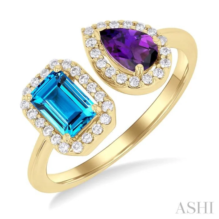 Women’s custom-designed engagement ring-6X4 MM Emerald Cut Blue Topaz and Pear Cut Amethyst and 1/5 ctw Open Toi Et Moi Round Cut Diamond Halo Fashion Ring in 14K Yellow Gold