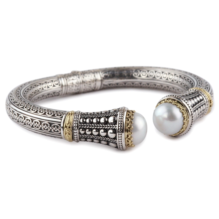 Women’s bangle bracelet-Konstantino Silver and 18K Gold Pearl Classics Tip Cuff Bracelet