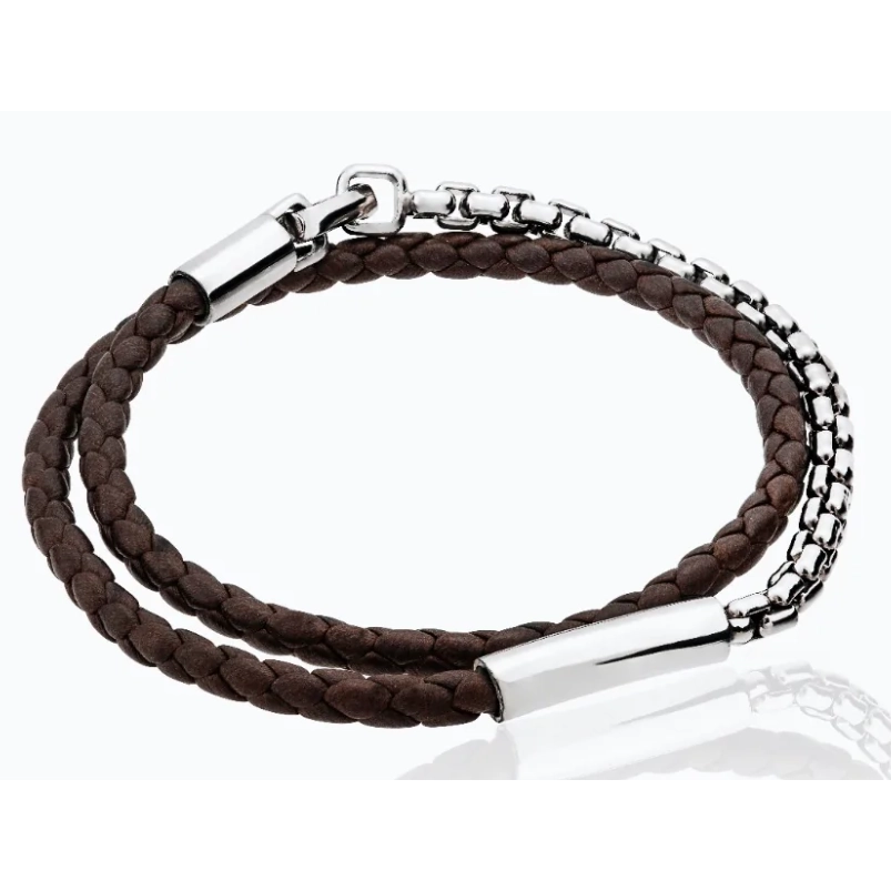 Women’s trendy bracelet-Tane Comet Sterling Silver and Brown Leather Bracelet in Medium