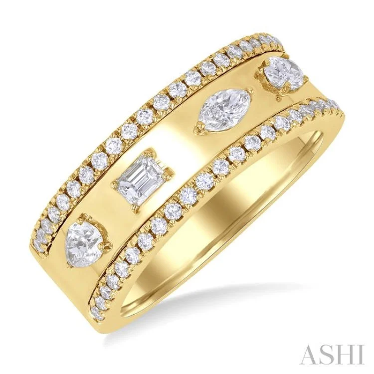 Women’s platinum diamond engagement ring-5/8 ctw Mixed Shape Cut Diamond Fashion Wide Band in 14K Yellow Gold