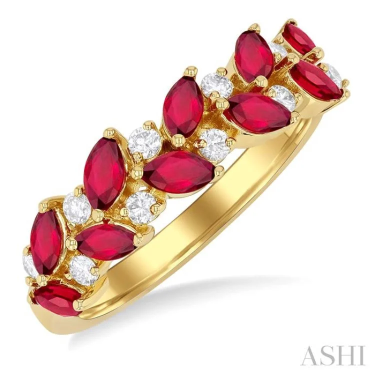 Women’s antique engagement ring-4X2 MM Leafy Marquise Cut Ruby and 1/5 ctw Round Cut Diamond Precious Band in 14K Yellow Gold