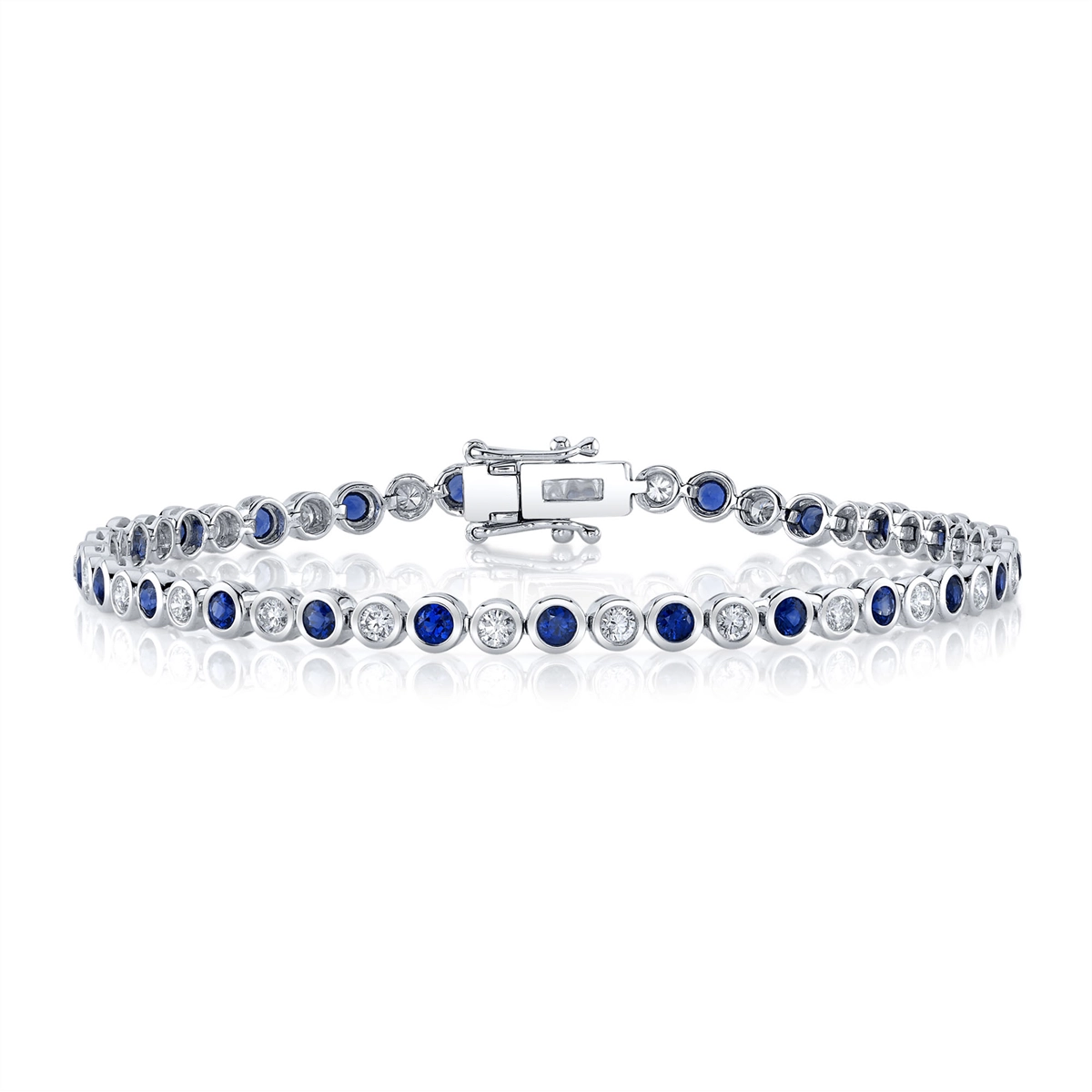 Women’s handmade bangle-14K White Gold Bezel Set Sapphire and Diamond Bracelet