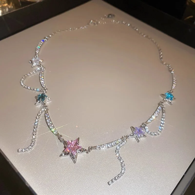 Women’s colored gemstone necklace-Sweet Star Copper Plating Inlay Artificial Rhinestones Zircon White Gold Plated Choker