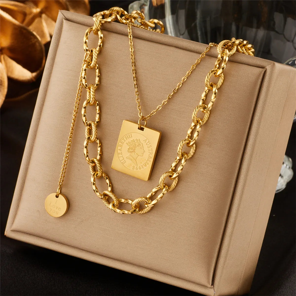 Women’s minimalist necklace-Retro Portrait Titanium Steel Gold Plated Layered Necklaces 1 Piece