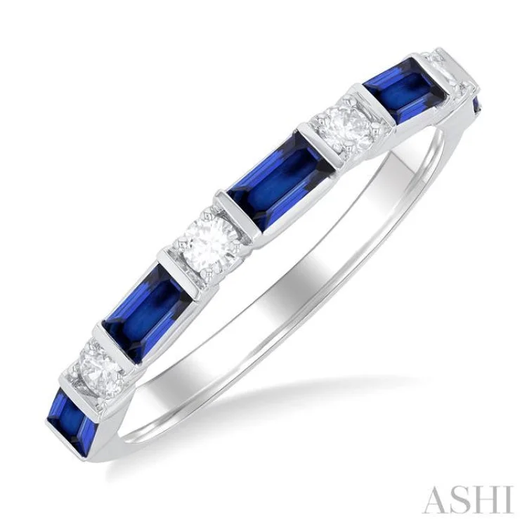 Women’s alternative engagement ring-4X2 MM Baguette Cut Sapphire and 1/5 ctw Art Deco Round Cut Diamond Precious Band in 14K White Gold