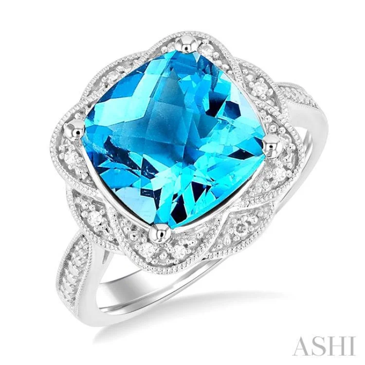 Women’s affordable engagement ring-1/20 ctw Cushion Shape 10X10 MM Blue Topaz and Round Cut Diamond Semi Precious Ring in Sterling Silver