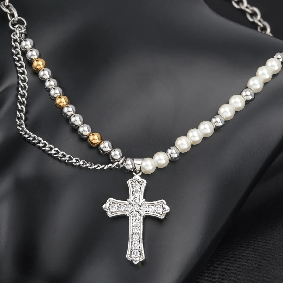 Women’s colorful pendant necklace-Stainless Steel Casual Hip-Hop Cross Beaded Pearl Inlay Zircon Pendant Necklace