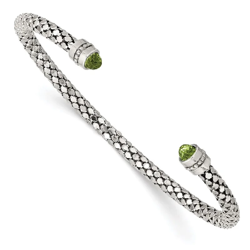 Women’s stackable bangles-Sterling Silver Peridot Textured Cuff Bracelet-WBC-QG4806