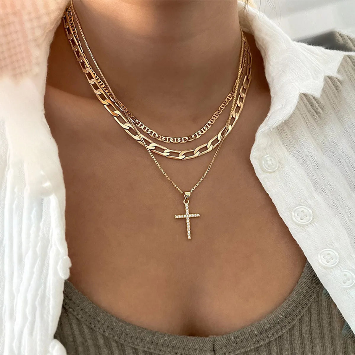 Women’s luxury gold necklace-Casual Retro Geometric Cross Alloy Plating Inlay Zircon Women's Three Layer Necklace