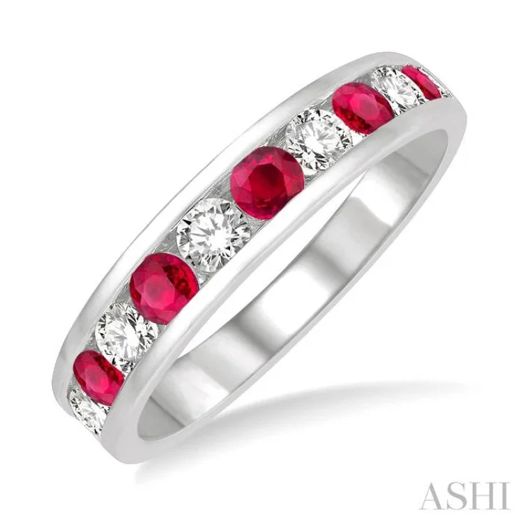 Women’s square engagement ring-2.9 MM Ruby and 1/2 ctw Round Cut Diamond Precious Wedding Band in 14K White Gold