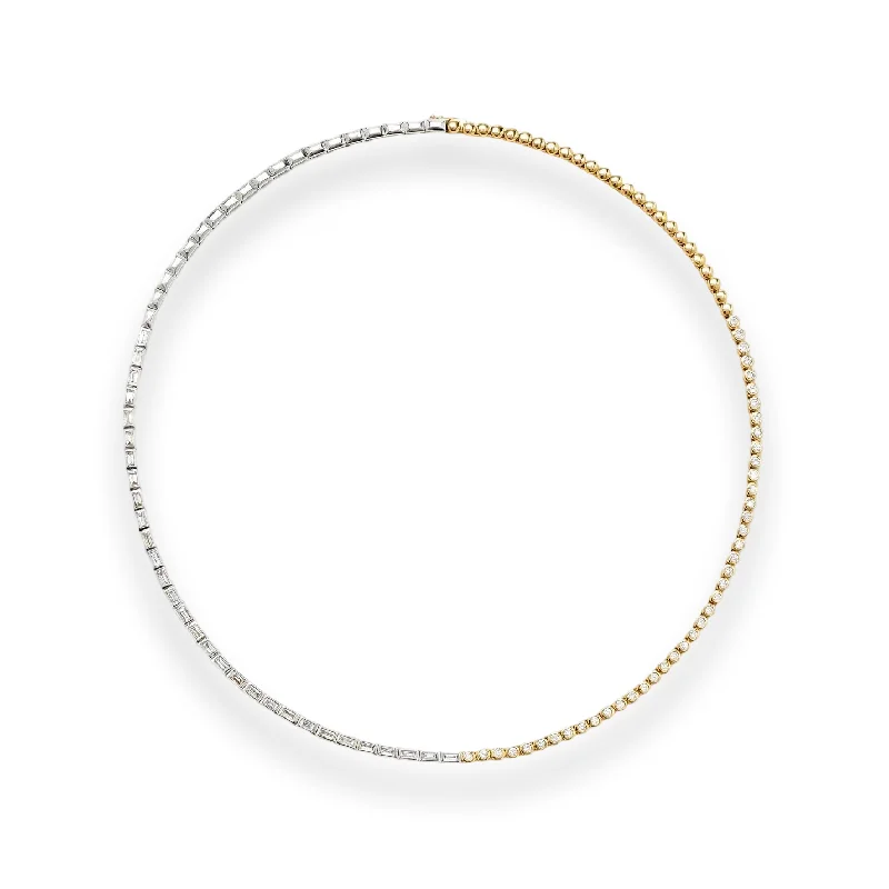 Women’s birthstone necklace-Two Tone Baguette Cut & Round Bezel Diamond Tennis Necklace