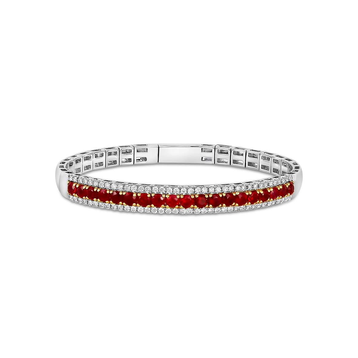 Women’s friendship bracelet-14K White and Yellow Gold Ruby and Diamond Wide Bracelet