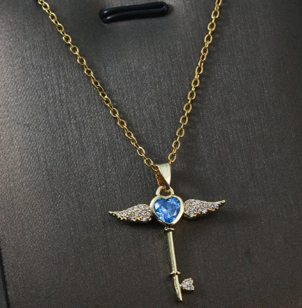 1130 Blue Loving Heart Wings Key Gold Necklace